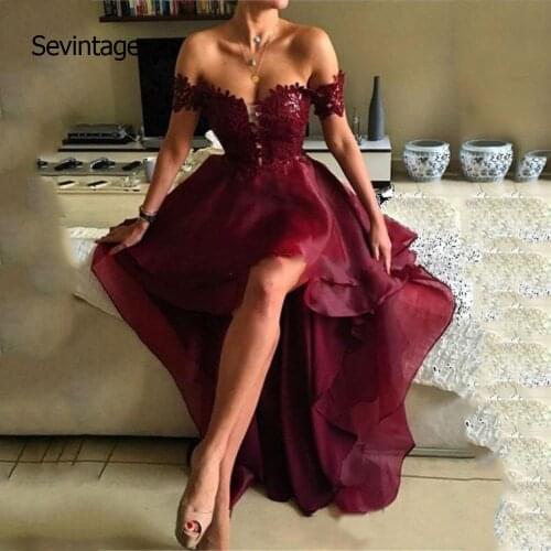 Sevintage Hi-Lo Short Prom Dresses robe de soiree courte Off the Shoulder Lace Appliques Organza Formal Evening Party Gown