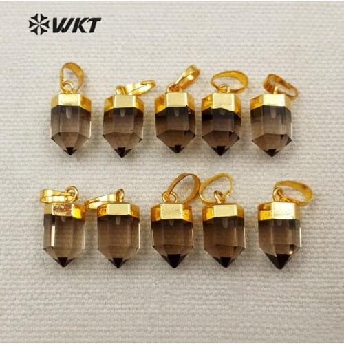 WT-P1265 Wholesale Dark Brown Crystal Glass Pendant Plating Glass With Gold-Hat Cylinder Shape Pendant For Jewelry DIY Making