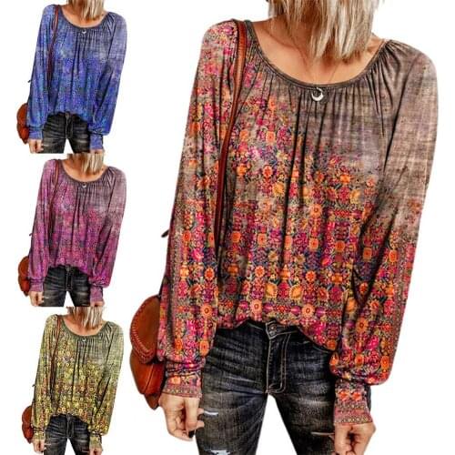 Long Sleeve Women Blouse Floral Print Soft O Neck Pleated Loose Autumn Shirt Streetwear