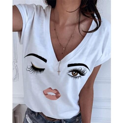 2020 New Casual White V-neck T-shirt Womes Summer Fashion Eyes short sleeve Tees Tops Female Sexy Lady Tshirt Plus Size 5XL