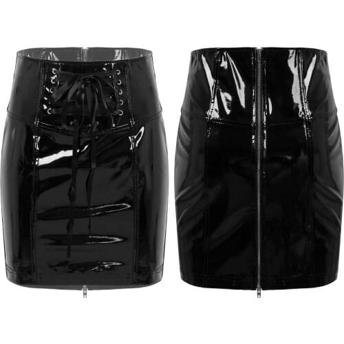 YOOJIA Womens Wet Look Patent Leather Lace-up Skirt High Waist Zipper Back Slim Fit Pencil Skirts Evening Parties Clubwear