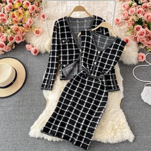 2021 New Arrival High-end Custom Runway Women Sets Fashion Vintage Plaids Short Coat + Sleeveless Mini Dress Two Piece Set