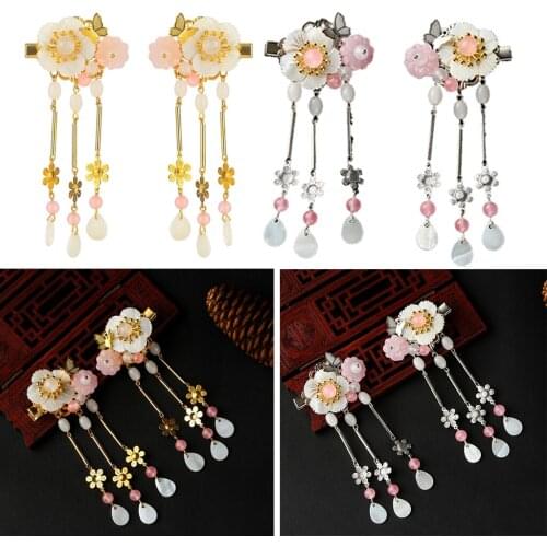 1 Pair Hair Clips w/ Tassel Jade Beads Barrette Flowers Hairpin for Children