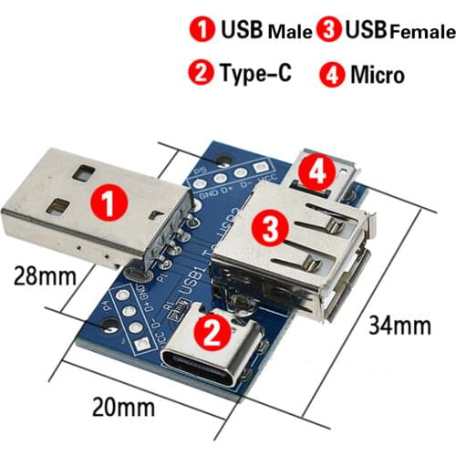 1pcs Small Size DC 5V Type C 2.54mm Micro 4p XY USB 4 Adapters Board Interface Converter Male To Female Head Connector Adapter