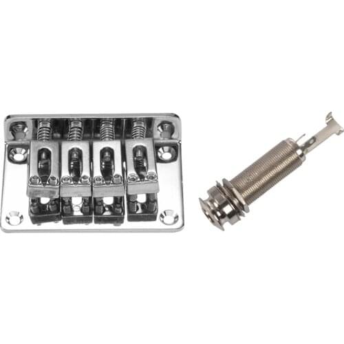1 Pcs Mono Long Input Output Threaded Guitar Barrel Jack 1/4 Inch & 1 Set 4-String Chrome Hard-Tail Adjustable Bridge