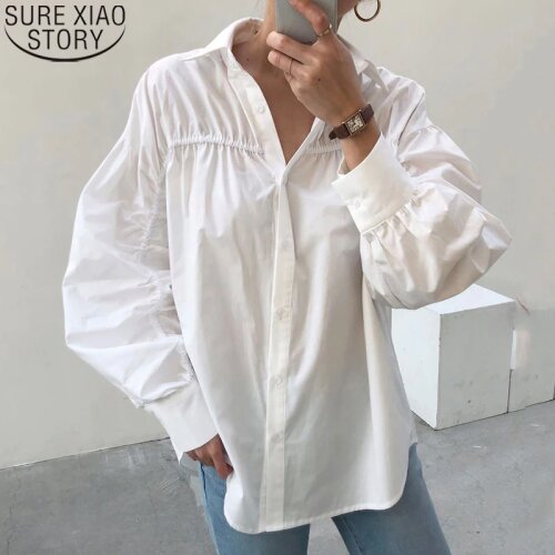 2021 New Spring Plus Size Blouse White Turn-down Collar Korean Loose Tops Women Puff Sleeve Vintage Casual Cotton Shirt 12364