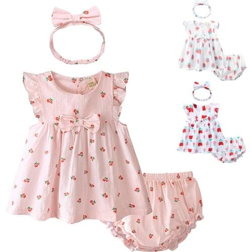 2021 New Infants 3Pcs Outfits 0-36 Months Newborn Baby Girl Clothes Sweet Printed Vest Dress + Briefs + Headband Cotton Baby Set