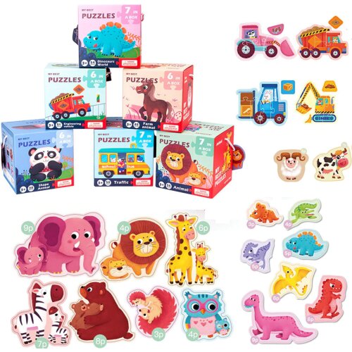 Big Size Flake Double-sided Puzzle Toy Montessori Animal Traffic Dinosaur Jigsaw Card Set Box For Children Kid Brain Tease