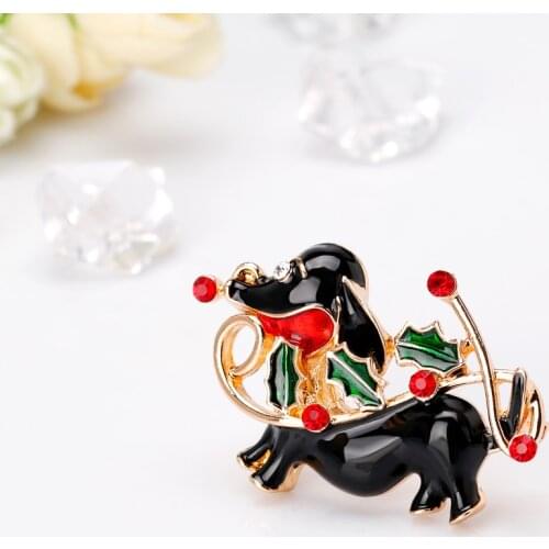 Black Colour Dachshund Brooch Red Crystal Embellish Christmas Ornament Dog Brooches for Women Child Enamel Jewelry