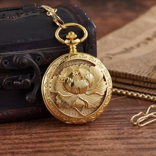 Classy Lotus Hand-winding Mechanical Pocket Watch Fob Chain Men Watches Plain Flip Clock for Laser Engraved without Battery