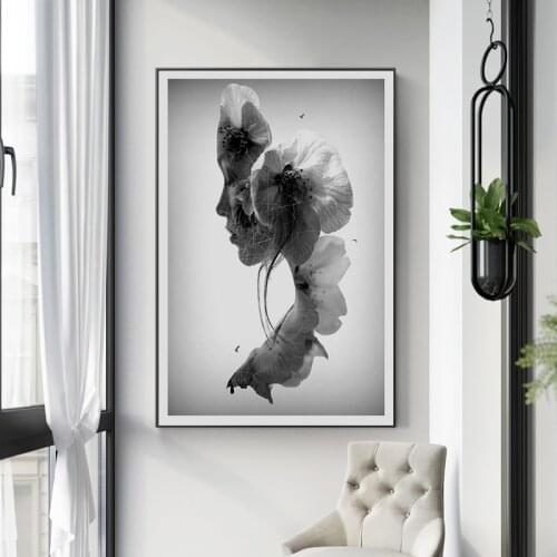 Flowers Woman Black and White Abstract Canvas Painting Wall Art Poster Picture Decorative Painting Living Room Home Decoration