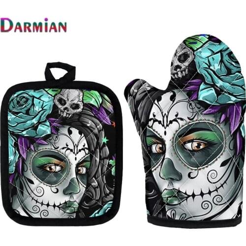DARMIAN Sugar Skull Girl Design Microwave Oven Mitts And Pot Pad Set Baking Insulation Microwave Heat Resistant Non-slip Gloves