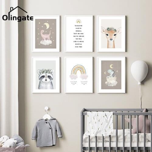 Nursery Baby Animal Wall Art Bear Deer Rainbow Poster Print Nordic Child Kids One Piece Canvas Painting Home Decor for Bedroom
