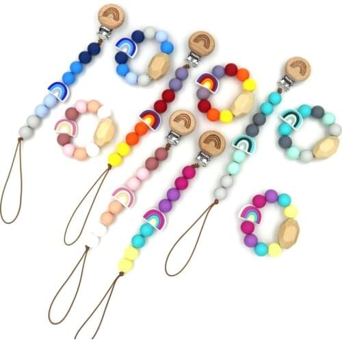 Baby Newborn Gift Set Silicone Wood Pacifier Chain Dummy Holder Teething Toy Teethers BPA Free Eco-friendly