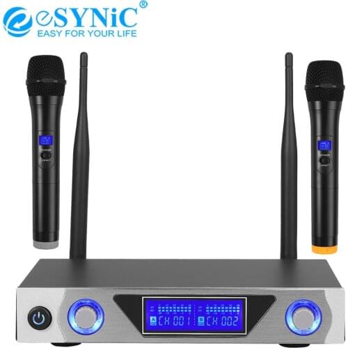 ESYNiC UHF Wireless Microphone System with LCD Display Dual Channel Handheld Karaoke Microphone Set for Party Wedding 500-599MHz