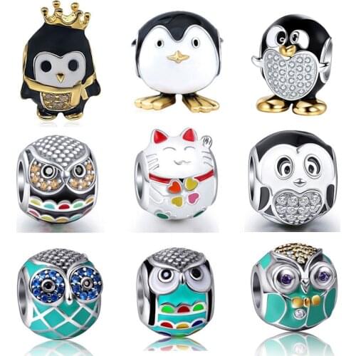 Fit European Charms Bracelets Original 100% 925 Sterling Silver Enamel Animal Owl Penguin Charms Beads Fashion Jewelry Making