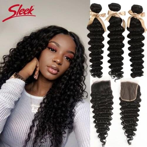 Sleek Deep Wave Bundles With Closure Malaysian Loose Deep Bundles With Free Part Lace Closure Remy Human Hair Extension Free Shi