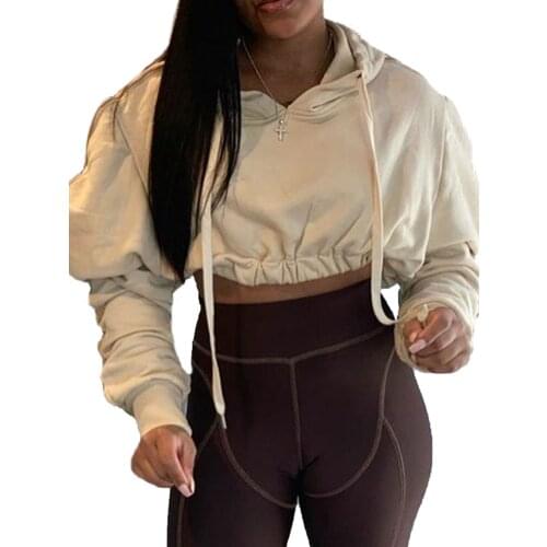 New Women Solid Color Hoodie Adults Casual Style Long Sleeve Crop Top With Drawstring Apricot S M L Fashion Casual