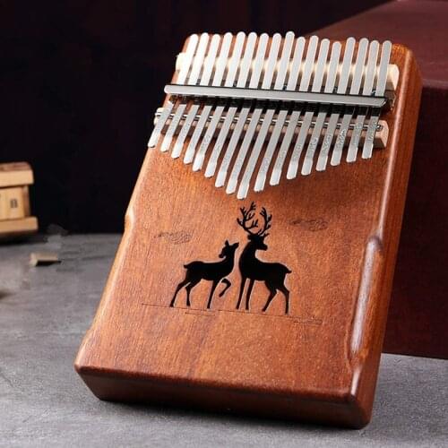 Kalimba Thumb Piano 17 Keys, Thumb Piano Note Carved, Mahogany Finger Piano with Learn Instruction and Tune Hammer(Deer Pattern