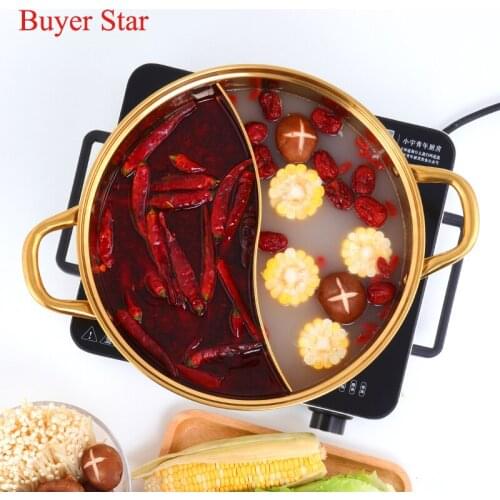 Restaurant Stainless Steel Hot pot Table Soup Cooking Pot with Glass Lid Golden Induction Cooker Gas Stove Compatible Pot Home