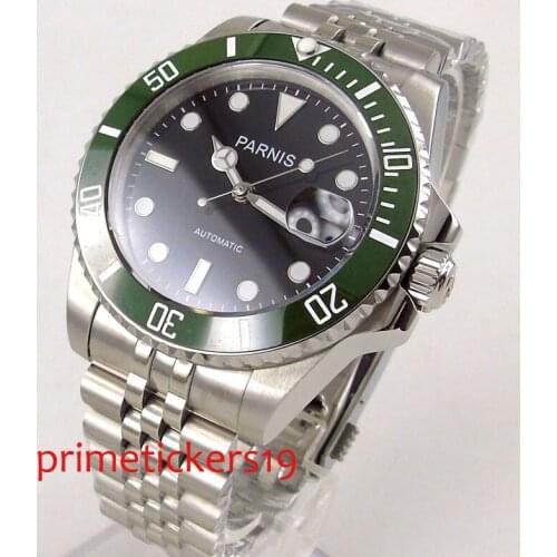 40mm PARNIS black dial green rotating ceramic bezel sapphire glass date window automatic movement mens watch