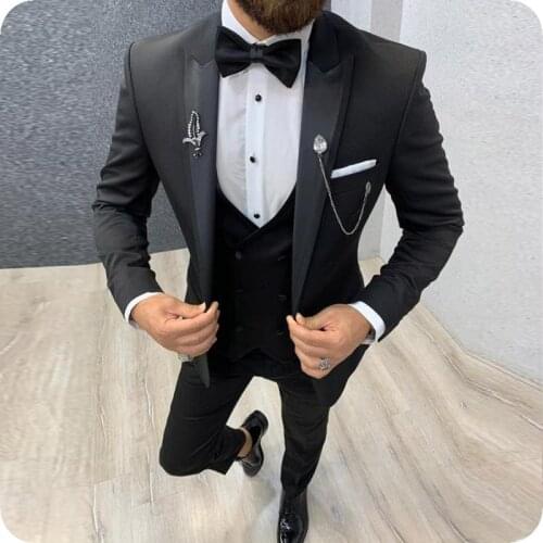 One Button Men Suits Black Groom Tuxedos Peak Lapel Groomsmen Wedding Bridegroom 3 Pieces ( Jacket+Pants+Vest+Tie ) D179