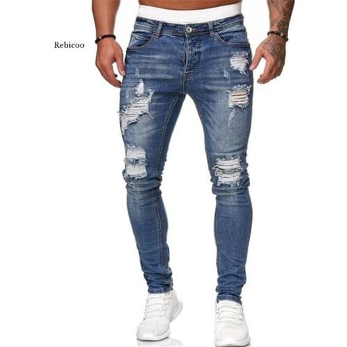 Men Ripped Jeans Black Bikers Pencil Pants Slim Men Denim Pants Street Jogging Cowboy Clothing Male