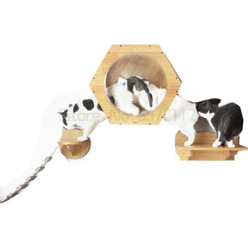 Wall-mounted Cat climbing Frame Cat Tree Solid Wood Hexagon Space Capsule Cat Wall Springboard Kitten House Ladder Pet Furniture