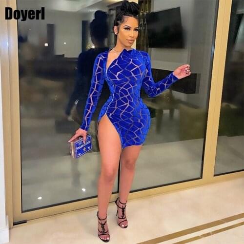 Autumn Elegant Party Dress Sexy Velvet Bodycon Mini Dress Club Outfits for Women Blue Side Zipper Long Sleeve Birthday Dress