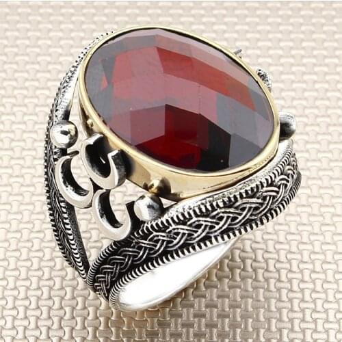 Oval Red Zircon Stone Men Silver Ring With Crescent Motif Made in Turkey Solid 925 Sterling Silver