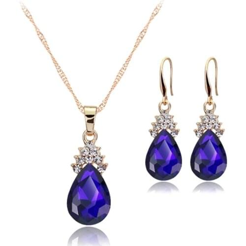 Necklace Earrings Diamond Water droplets Elegant Women Jewellery Set of Crystal Pendant Necklace+Earrings