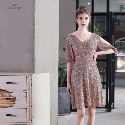 Half Sleeves Prom Dresses New Elegant A-line Short Sequin Women Formal Gowns V-neck Evening Party