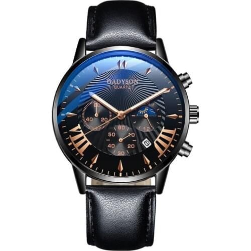 Casual Classic Fashion Mens Three Eyes Business Black Watch Luxury Imitation Calfskin Strap Quartz Mens Watch