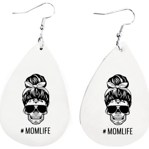 Mom Life Earrings Camo MOM Skull Sublimated Pu Faux Leather Teardrop Earrings Double Side Print