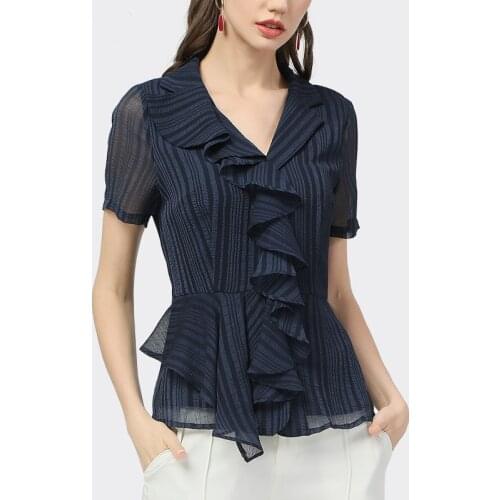 Chiffon Blouse Female Women Short Sleeve Tops V-Neck Ruffles Striped Shirt Elegant Fitted Waist Slimming 2021 Summer New