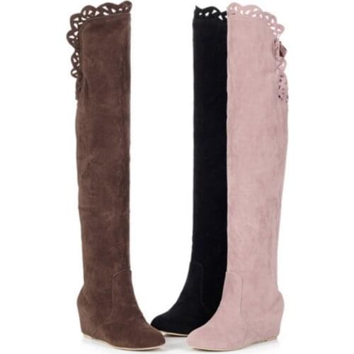 Lady Big Size 34-43 Velvet Cut-outs Over The Knee Motorcycle Winter Autumn Booty Height Increasing Heel Boots Women Shoes Pink