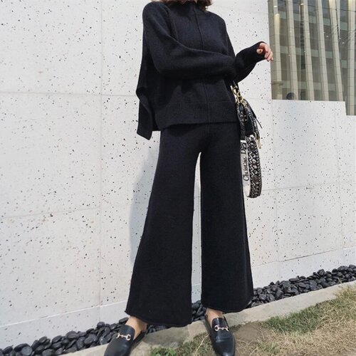 Autumn Winter 2021 Women Two Piece Set Pullover Sweater Tracksuit Woman High Waist Knit Wide Leg Pants Ladies Suit 2 Piece Set
