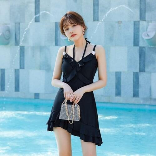 Korean 2021 Summer Fashion Sexy Camisole Solid Patchwork Swimsuit Casual Asymmetry Ruffles Backless One Pieces Swimsuit Women