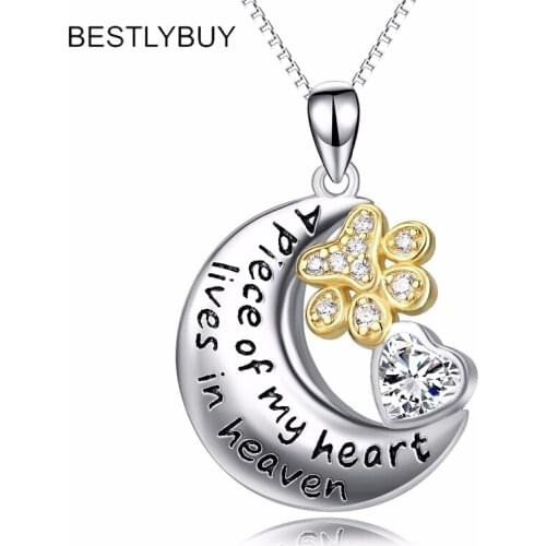 BESTLYBUY Genuine 925 Sterling Silver Heart & Moon & Dog Paw Print Pendant Necklaces Female Necklace Choker Jewelry Gift