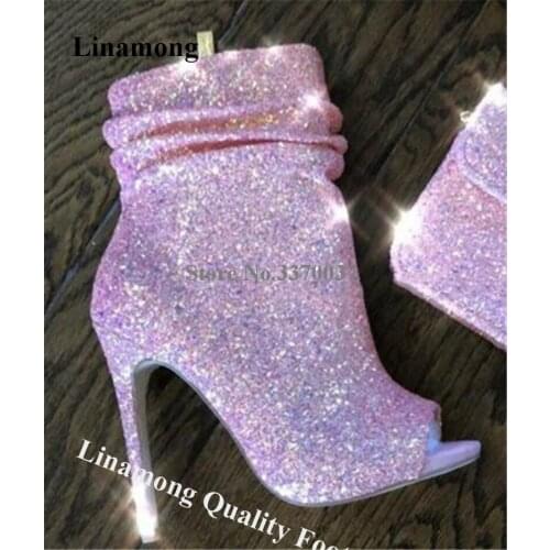 Bling Bling Women Peep Toe Glitter Stiletto Heel Short Boots Pink Blue Sequined Zipper-up High Heel Ankle Booties Dress Heels