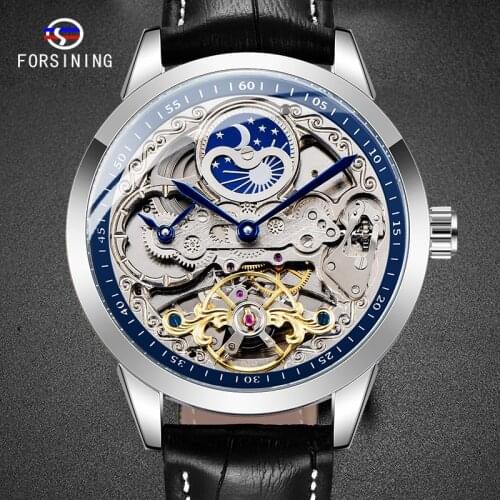 FORSINING Brand Male Black Wristwatch Tourbilion Leather Strap Waterproof Clock Mechanical Automatic Mens Watches