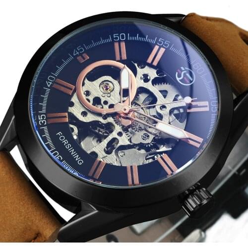 Forsining Blue Light Glass Mens Casual Sport Watch Men Leather Military Automatic Mechanical Wristwatch Skeleton Luminous Clock