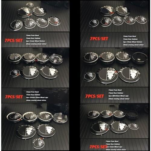 Black Front rear Emblem 74MM Wheel Center Cap 56MM/60MM/64MM Steering Wheel Sticker 40MM Car Styling 7pcs/lot for Alfa Romeo