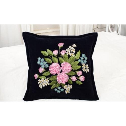DIY black flannelette ribbon embroidered pillow cushion living room bedroom flowers three-dimensional. Gift embroidered stretch