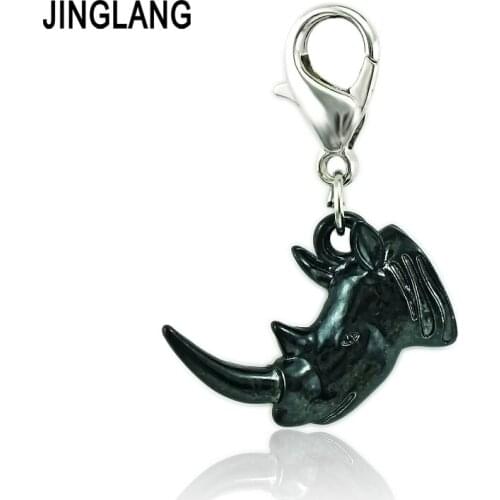 JINGLANG Fashion Animal Lobster Clasp Charms Dangle Black Enamel Rhinoceros Head DIY Charms For Jewelry Making Accessories