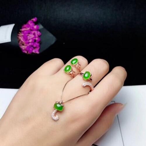 S925 silver inlaid natural green jasper earrings ring pendant natural gemstone jewelry set Lovely fox girl birthday gift jewelry