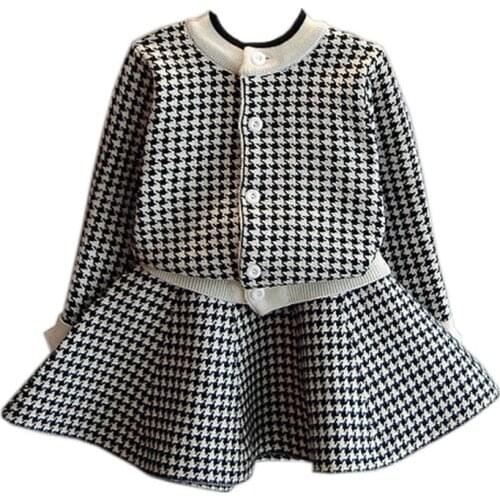 Girls Clothing Sets Kids Houndstooth Knitted Suits Long Sleeve Plaid Jackets+Skirts 2Pcs for Kids Suits