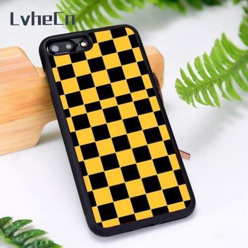 LvheCn Silicone Rubber Phone Case Cover for iPhone 6 6S 7 8 Plus X XS XR 11 12 Mini Pro Max BLACK & YELLOW CHECKERS