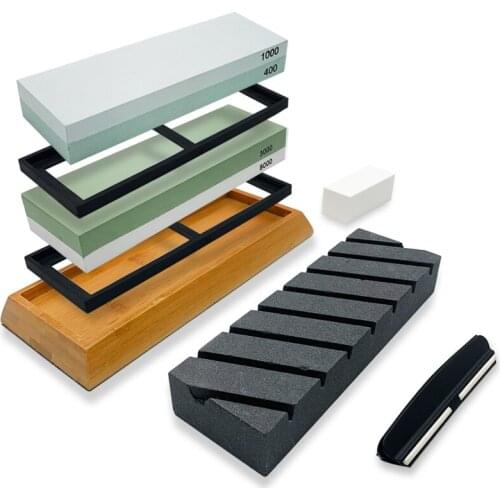 5 IN 1 Professional Sharpening stone Set Double-side Whetstone Set With Fixed Angle Grinder System Correction Stone Bamboo Base