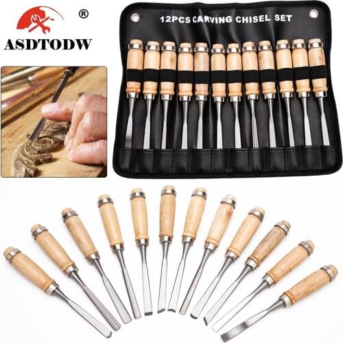 12Pcs wood carving hand chisel tool set, located in the storage bag, professional woodworker/carpenter chisel